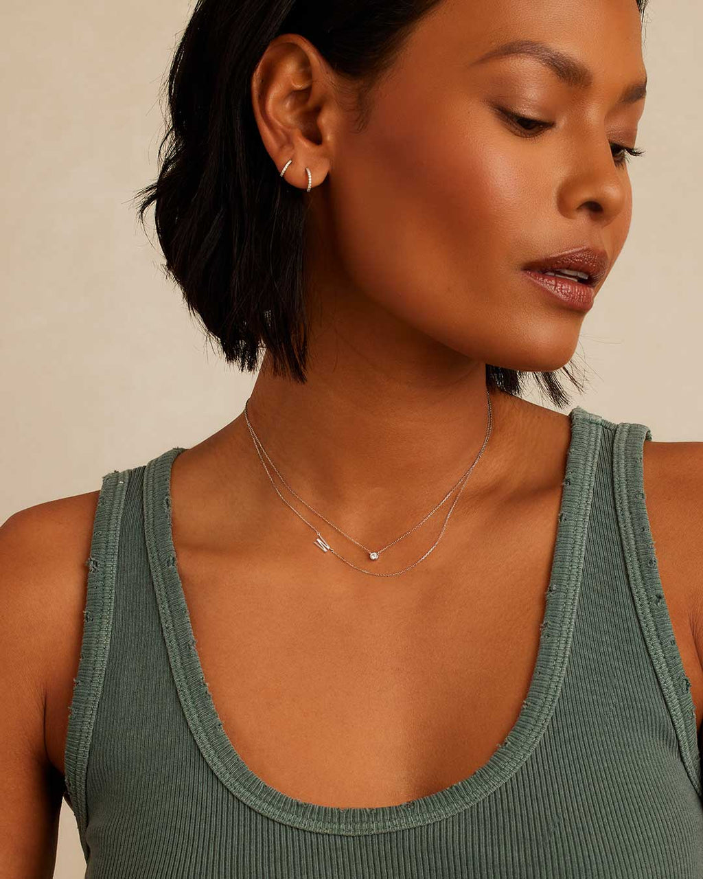 Woman wearing Alphabet Necklace || option::14K Solid White Gold, W