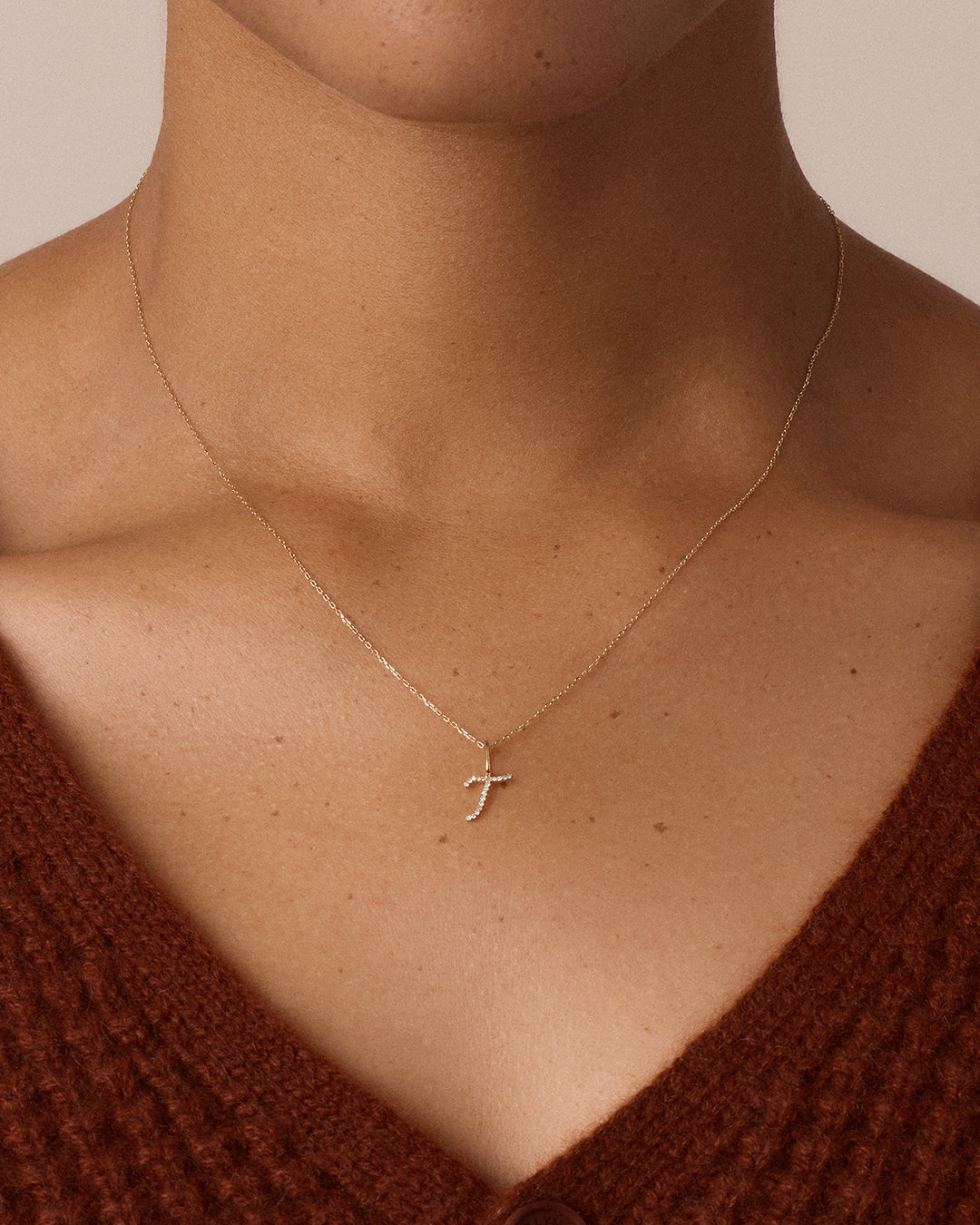 Diamond Script Alphabet Charm Necklace || option::14K Solid Gold, T