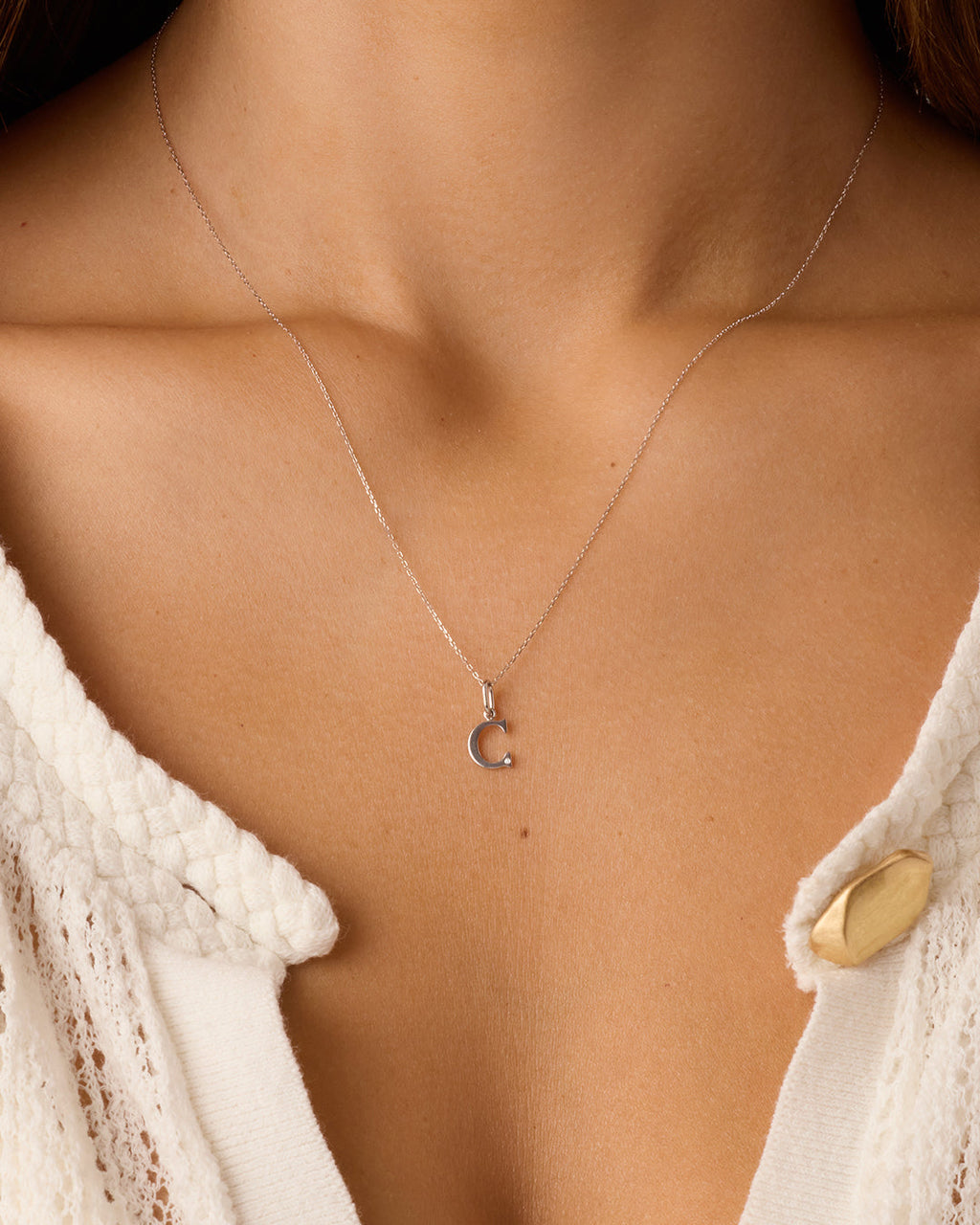 Diamond Vintage Alphabet Charm Necklace || option::14K Solid White Gold, C