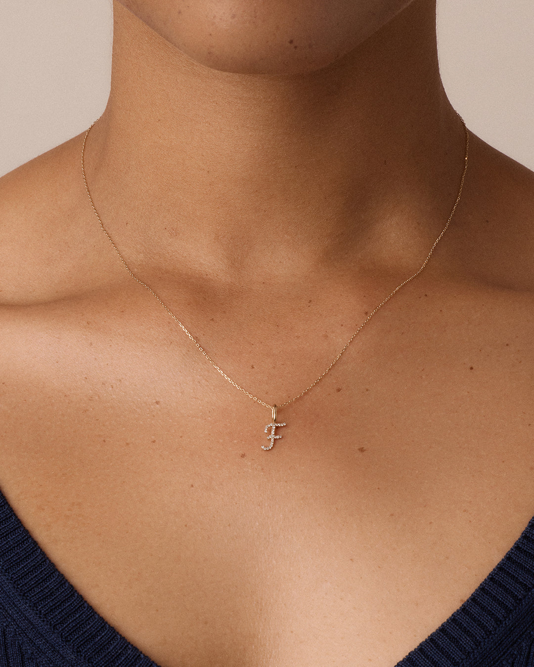 Diamond Script Alphabet Charm Necklace || option::14K Solid Gold, F