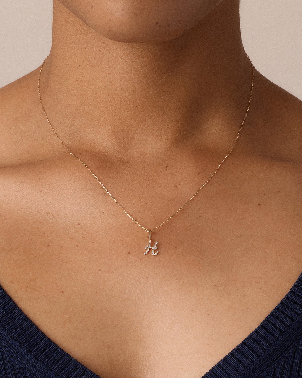Diamond Script Alphabet Charm Necklace || option::14K Solid Gold, H