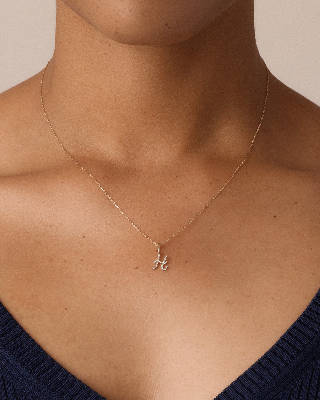 Diamond Script Alphabet Charm Necklace || option::14K Solid Gold, H