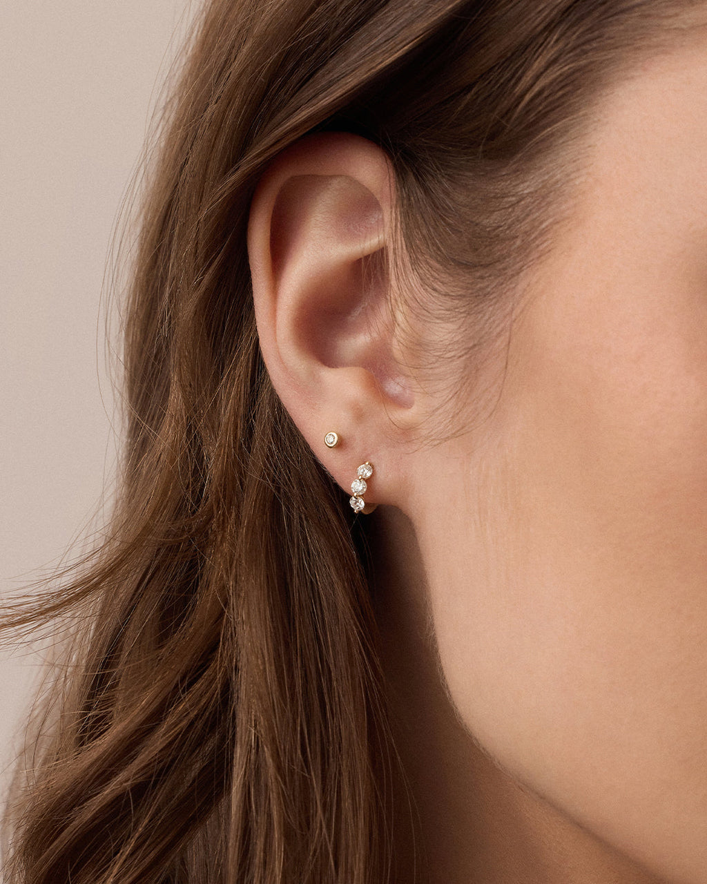 Lab Grown Diamond Halo Trio Huggie || option::14K Solid Gold