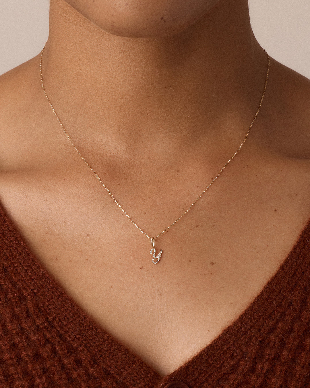 Diamond Script Alphabet Charm Necklace || option::14K Solid Gold, Y