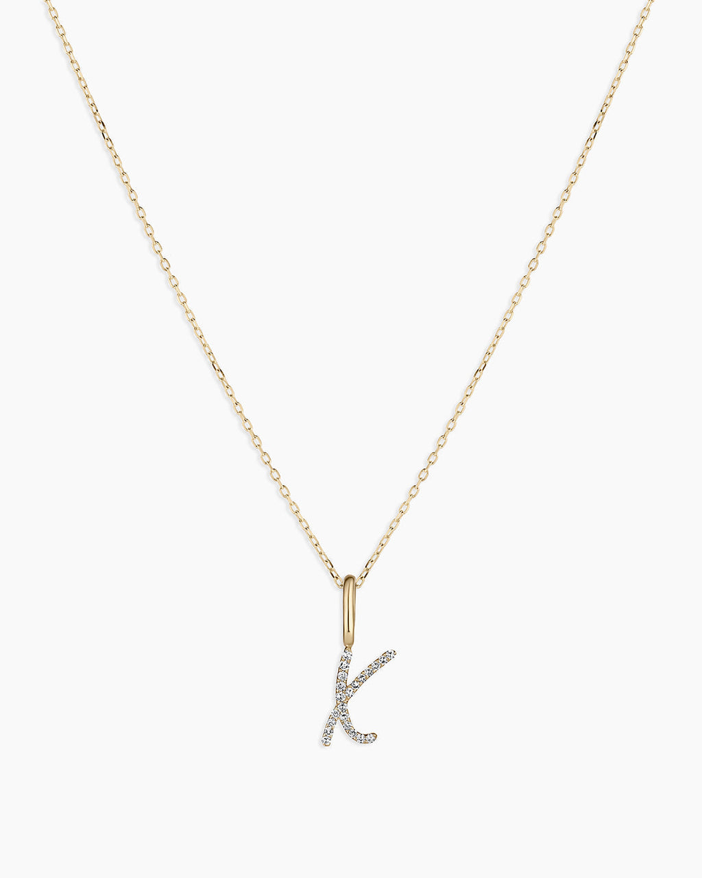 Diamond Script Alphabet Charm Necklace || option::14K Solid Gold, X