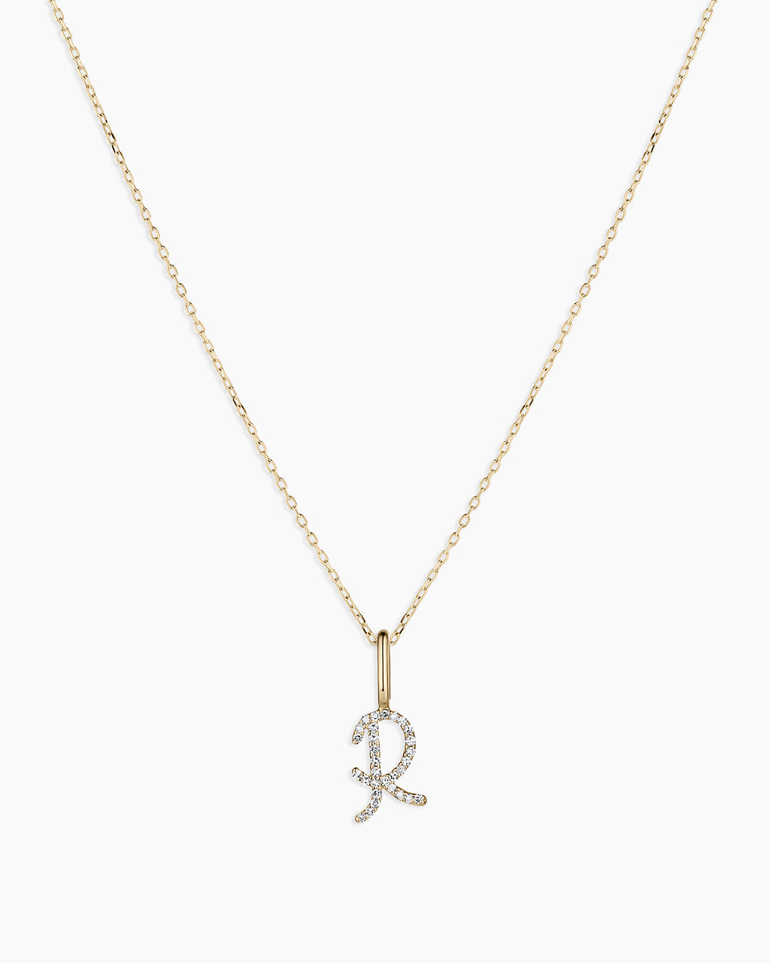 Diamond Script Alphabet Charm Necklace || option::14K Solid Gold, R