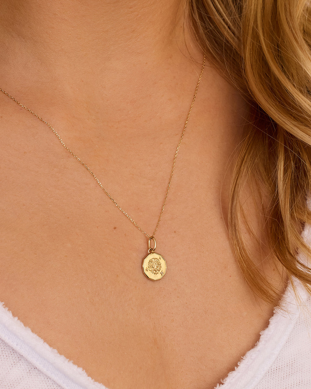 Diamond Zodiac Coin Charm Necklace || option::14K Solid Gold, Leo