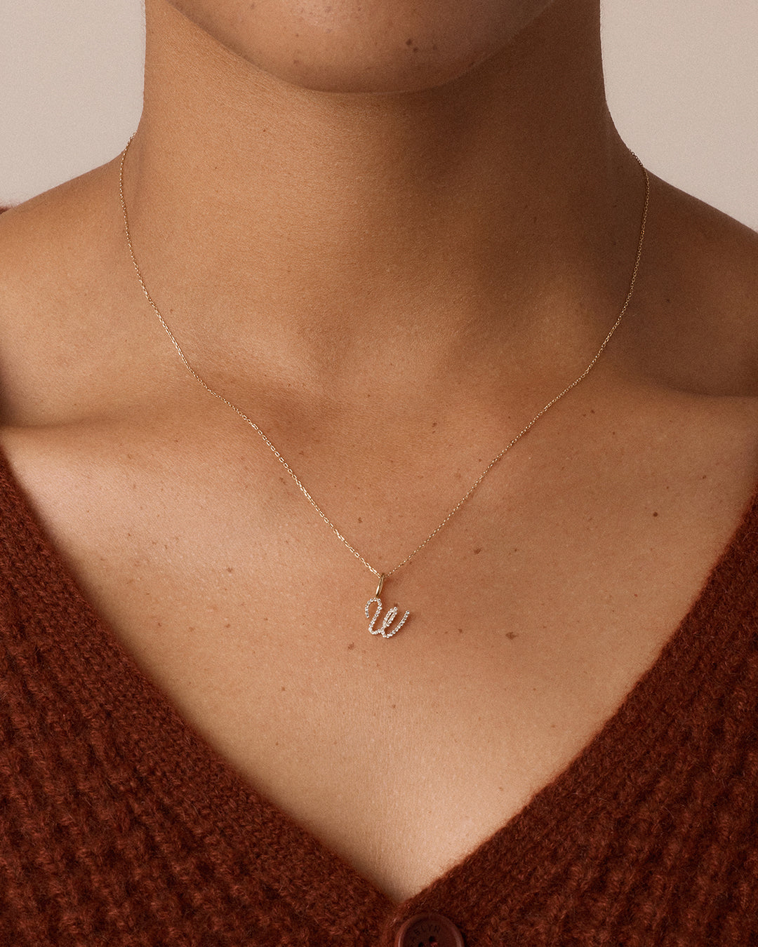 Diamond Script Alphabet Charm Necklace || option::14K Solid Gold, W