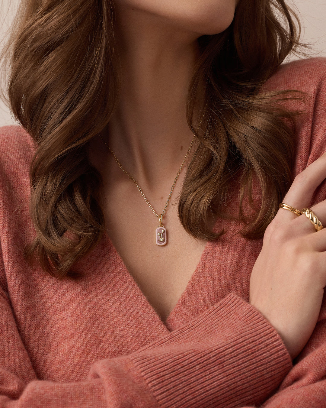 Power Gemstone Parker Charm Necklace Compassion || option::18K Gold Plated, Rhodochrosite