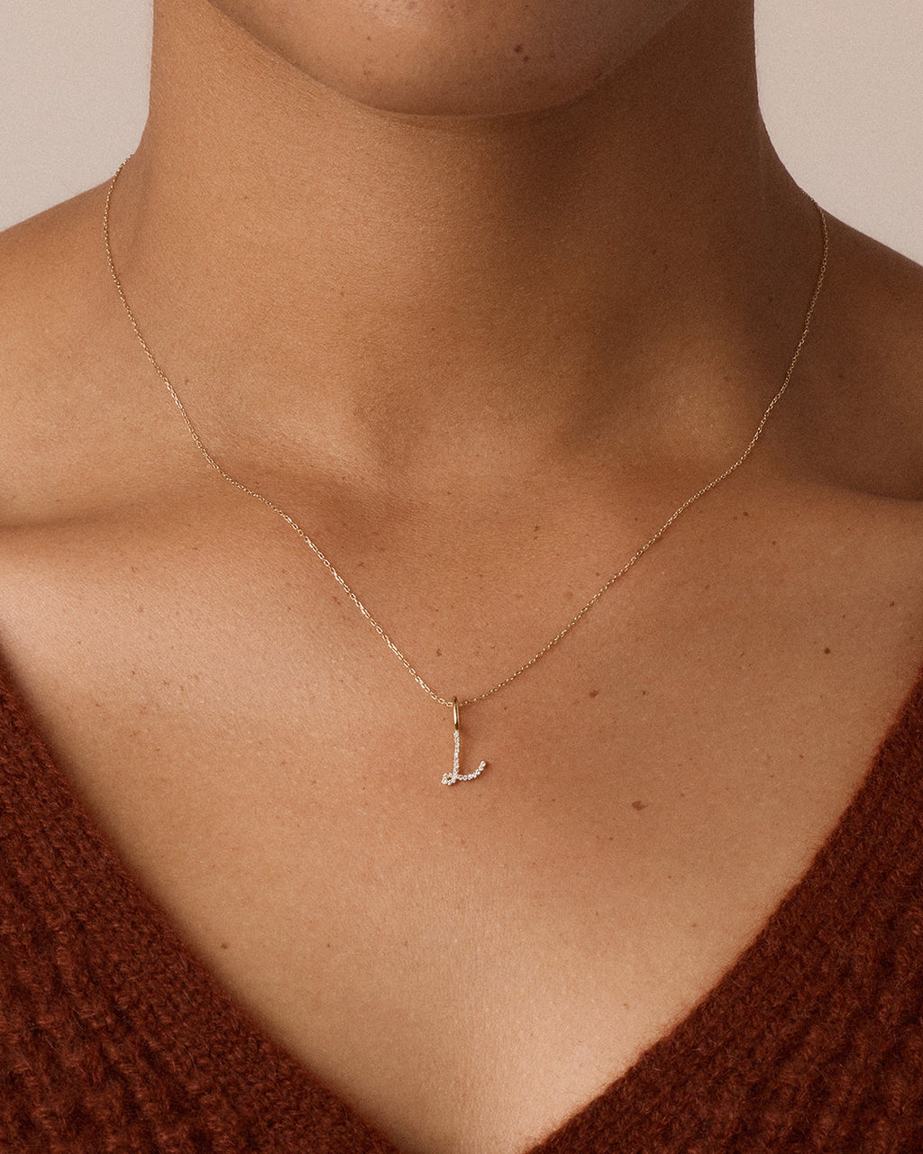 Diamond Script Alphabet Charm Necklace || option::14K Solid Gold, L