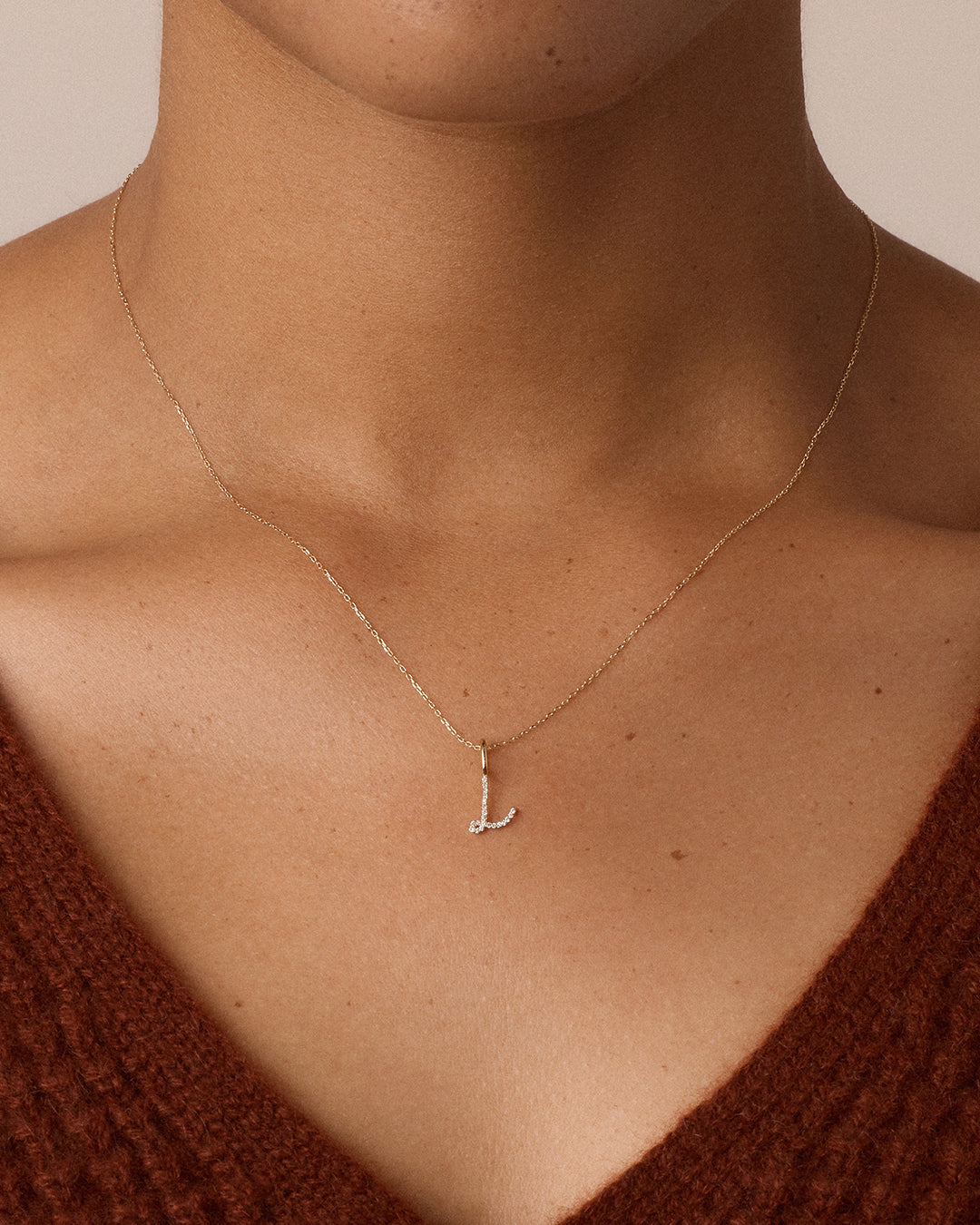 Diamond Script Alphabet Charm Necklace || option::14K Solid Gold, L