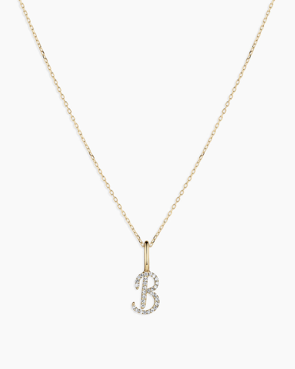 Diamond Script Alphabet Charm Necklace || option::14K Solid Gold, B