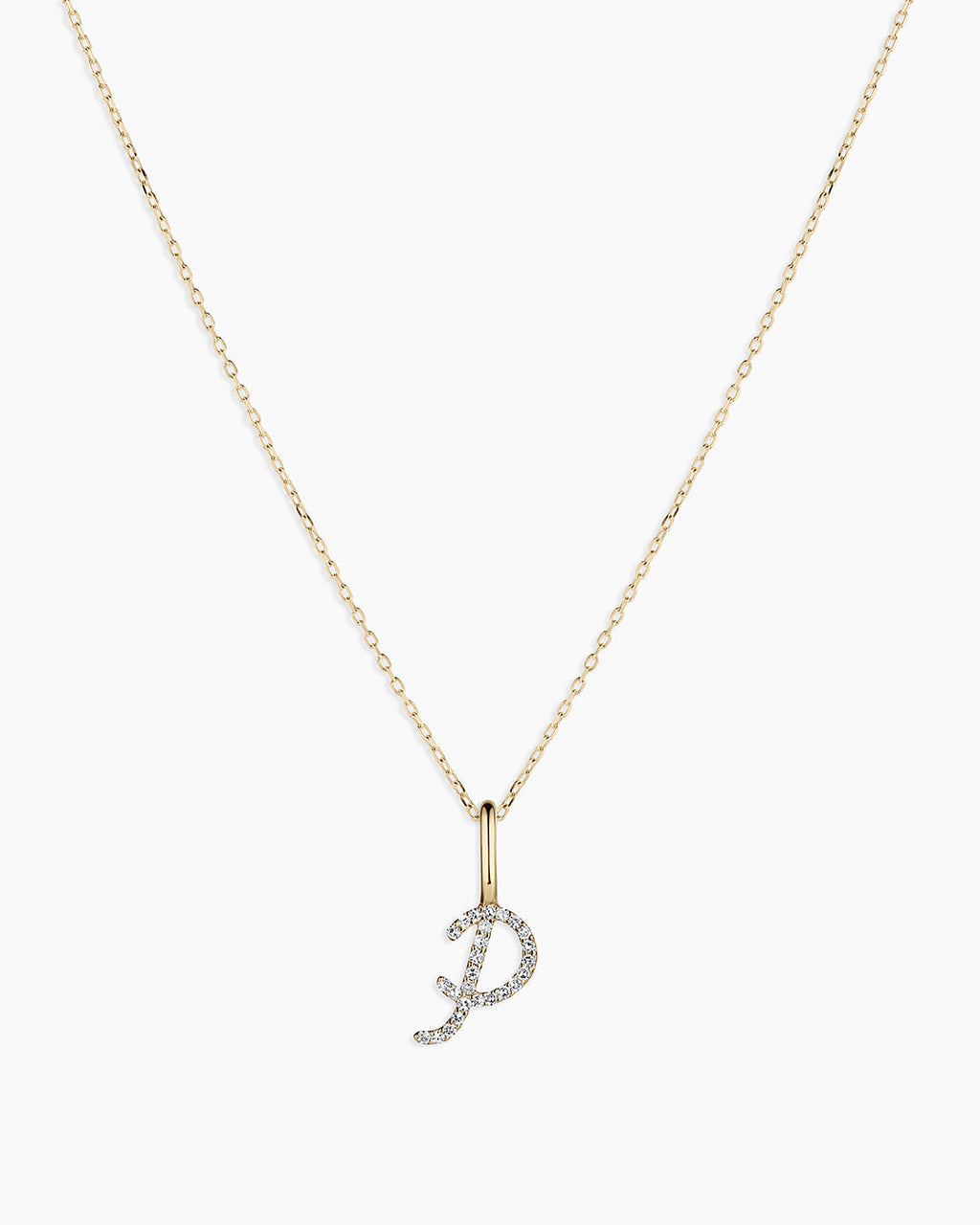 Diamond Script Alphabet Charm Necklace || option::14K Solid Gold, P