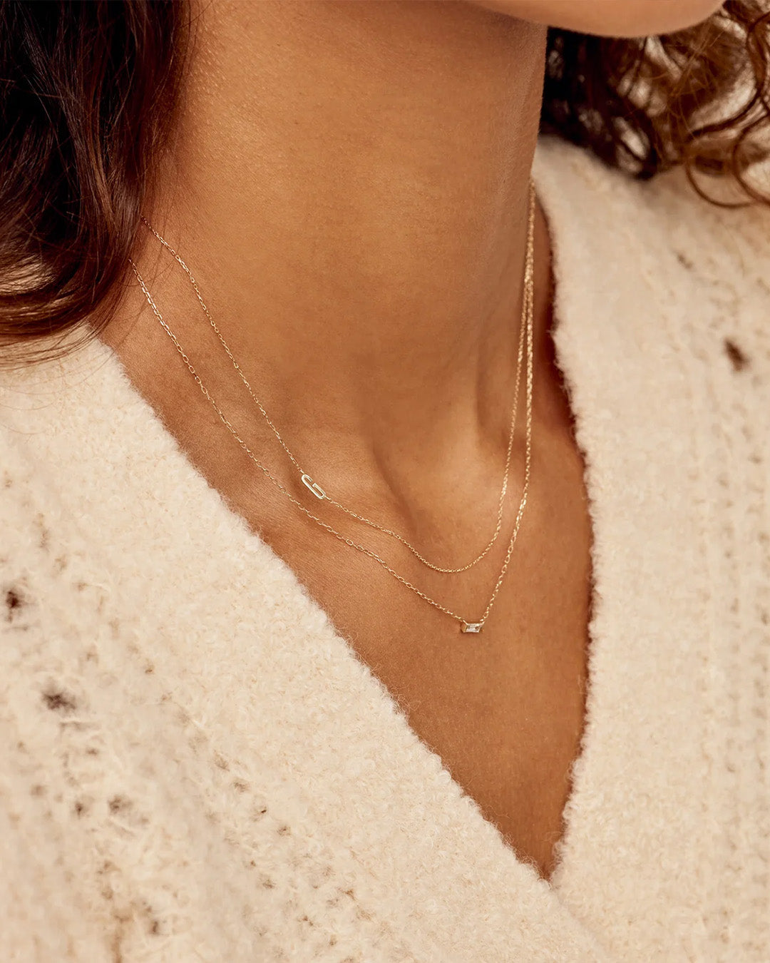 Woman wearing Alphabet Necklace || option::14K Solid Gold, S
