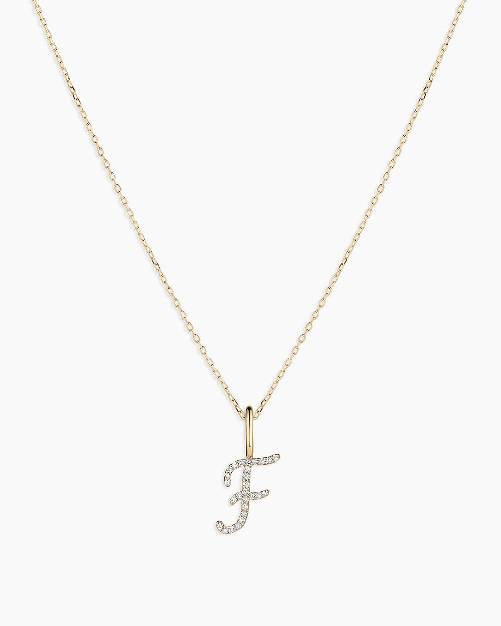Diamond Script Alphabet Charm Necklace || option::14K Solid Gold, F
