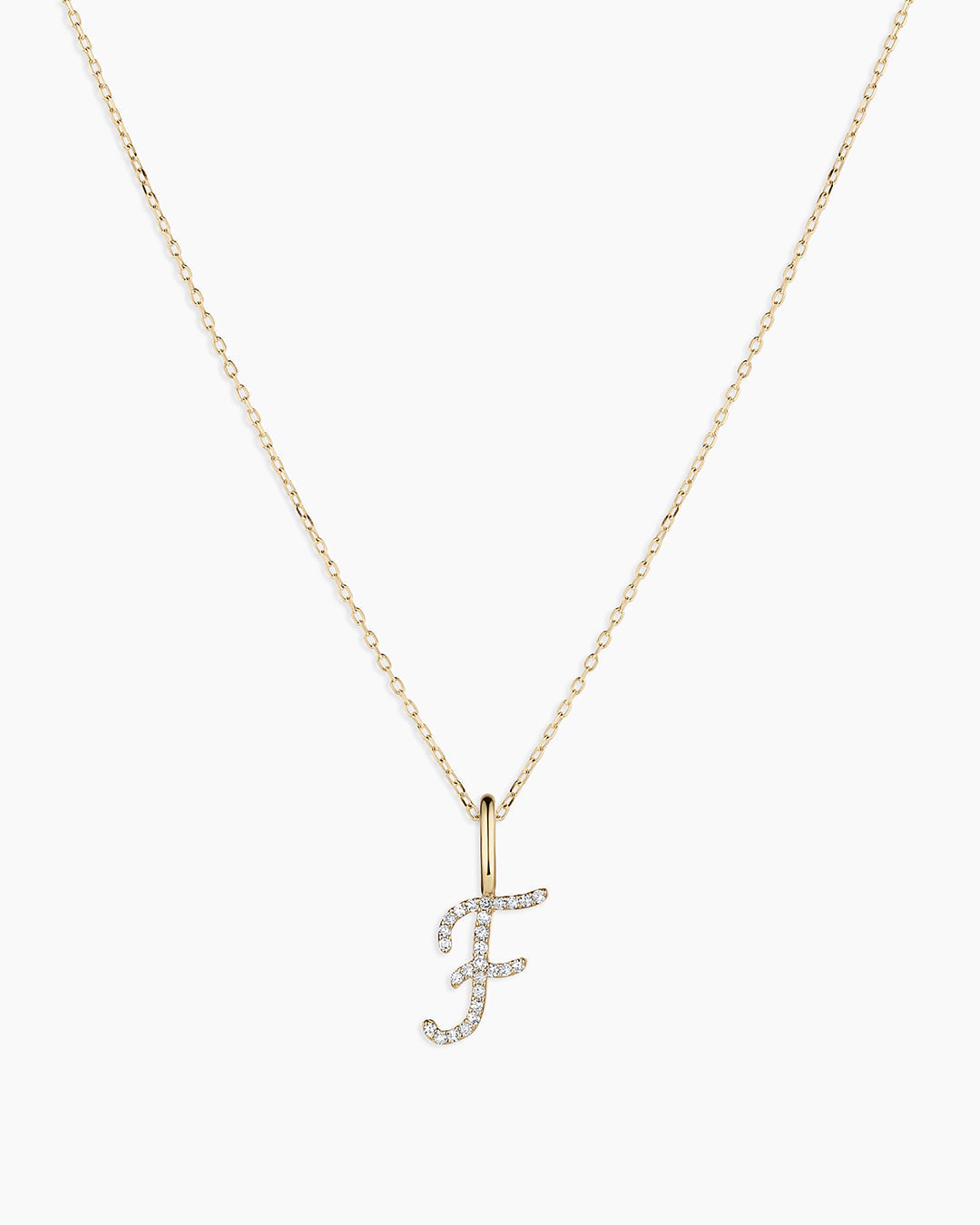 Diamond Script Alphabet Charm Necklace || option::14K Solid Gold, F