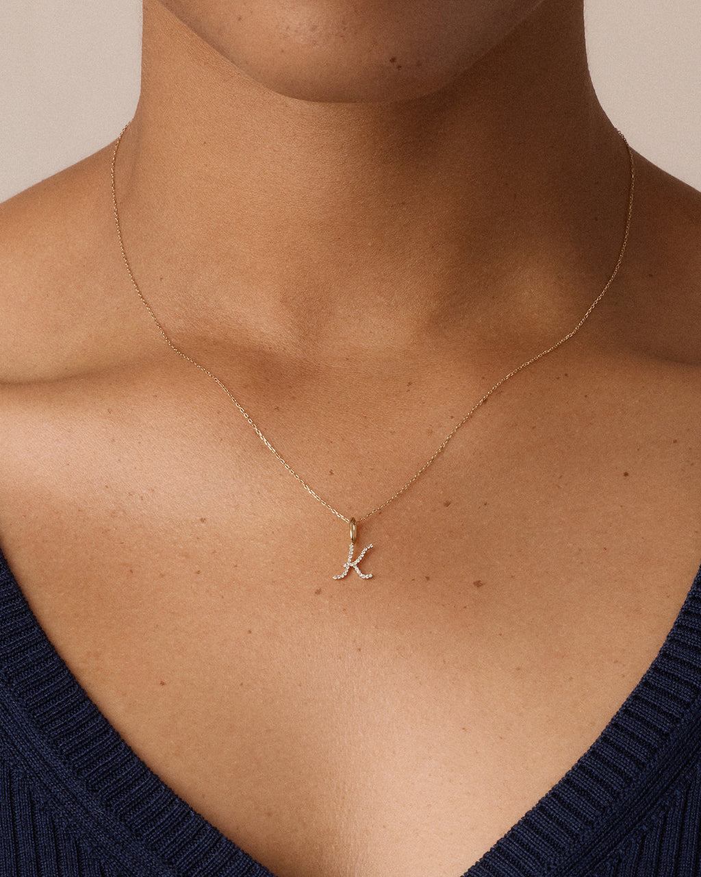 Diamond Script Alphabet Charm Necklace || option::14K Solid Gold, K