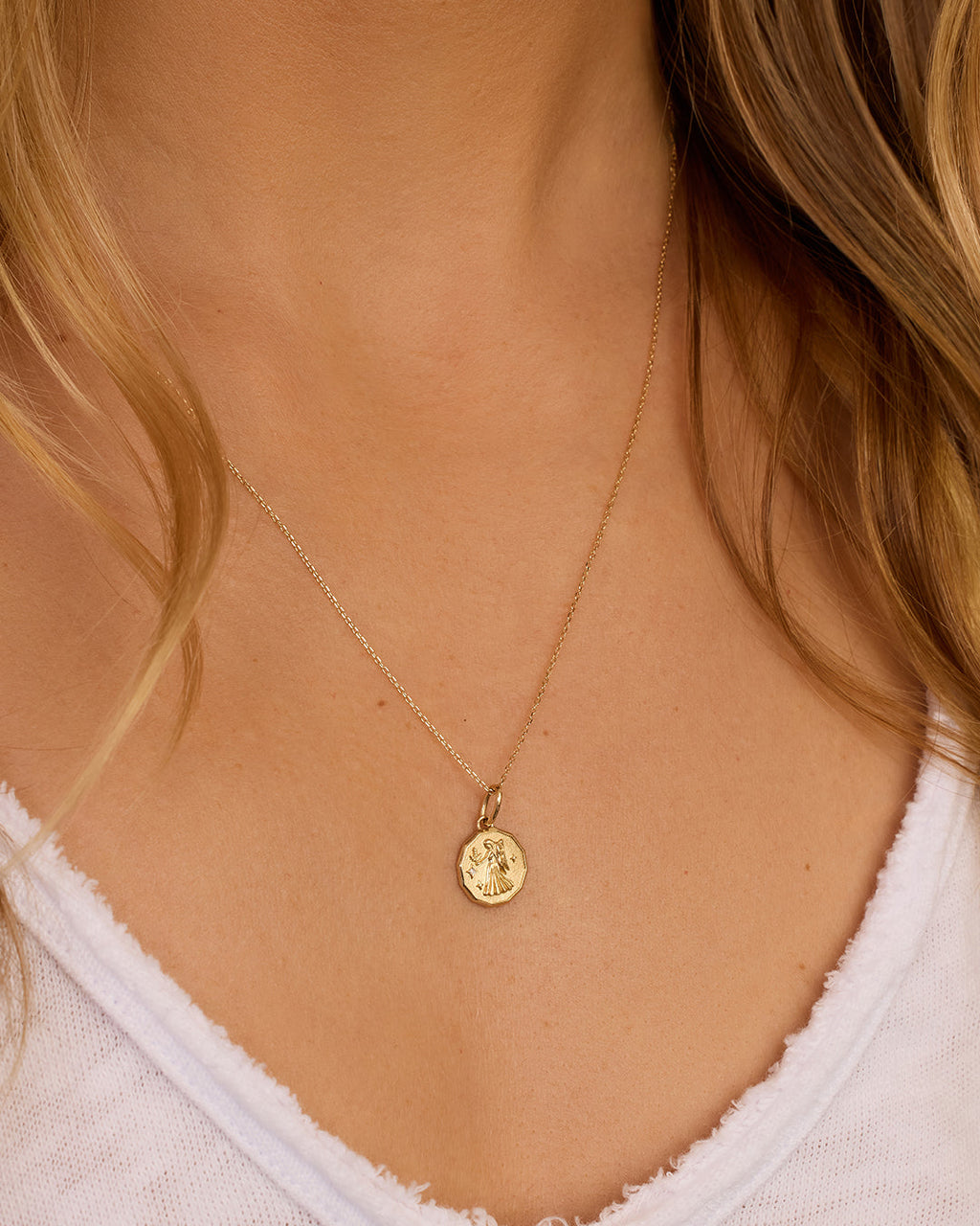 Diamond Zodiac Coin Charm Necklace || option::14K Solid Gold, Virgo