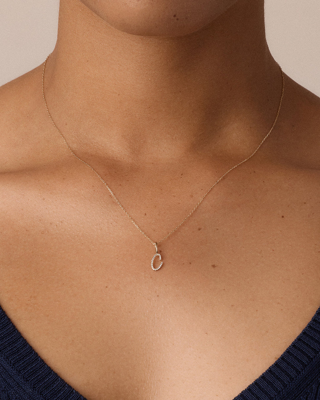 Diamond Script Alphabet Charm Necklace || option::14K Solid Gold, C