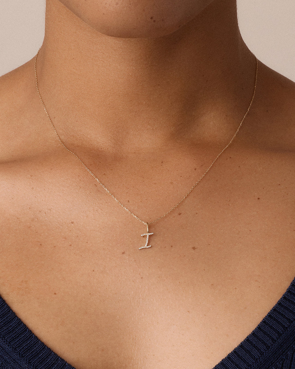Diamond Script Alphabet Charm Necklace || option::14K Solid Gold, I