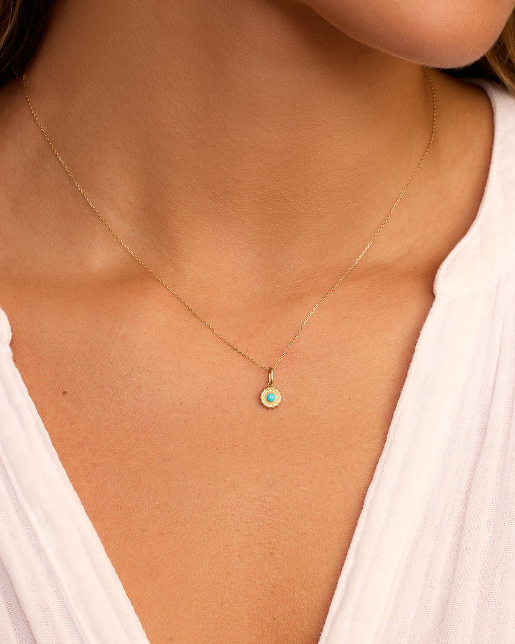 Sun Birthstone Charm Necklace || option::14K Solid Gold, Turquoise - December