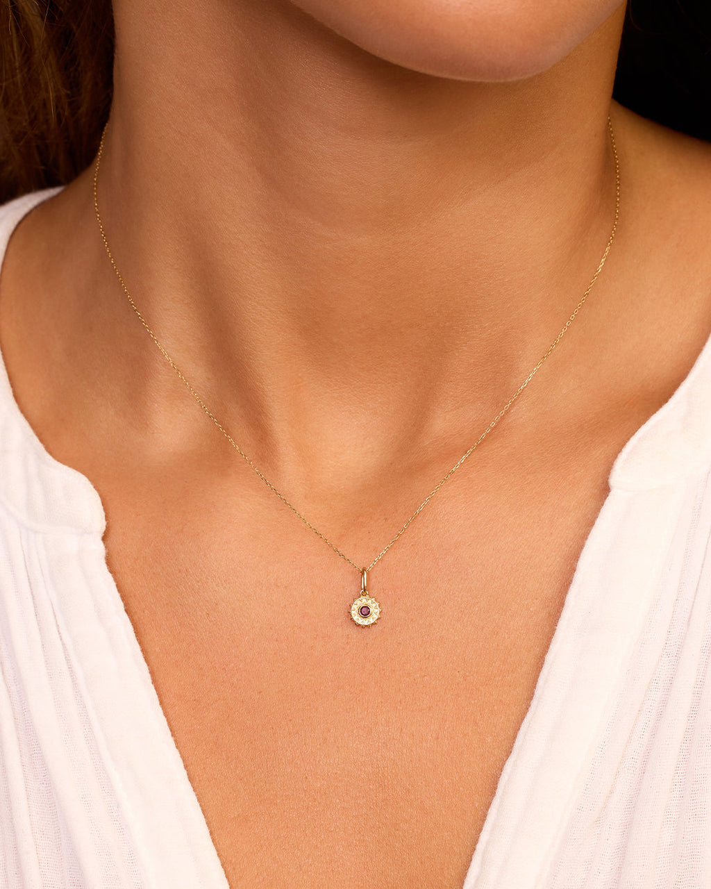 Sun Birthstone Charm Necklace || option::14K Solid Gold, Ruby - July