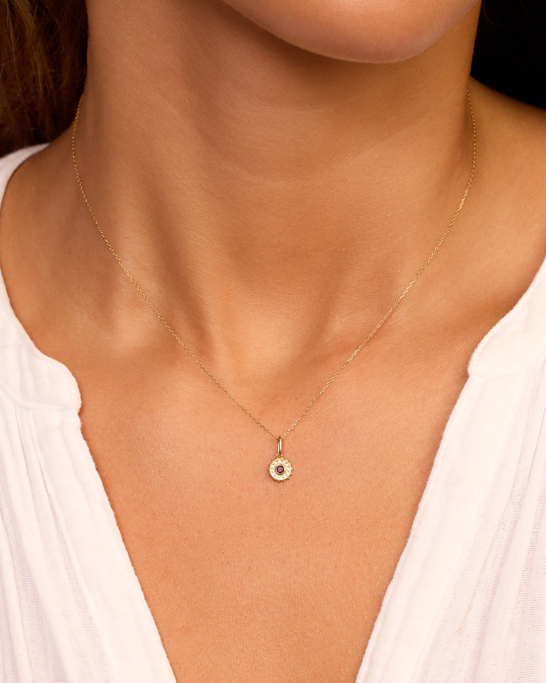 Sun Birthstone Charm Necklace || option::14K Solid Gold, Ruby - July