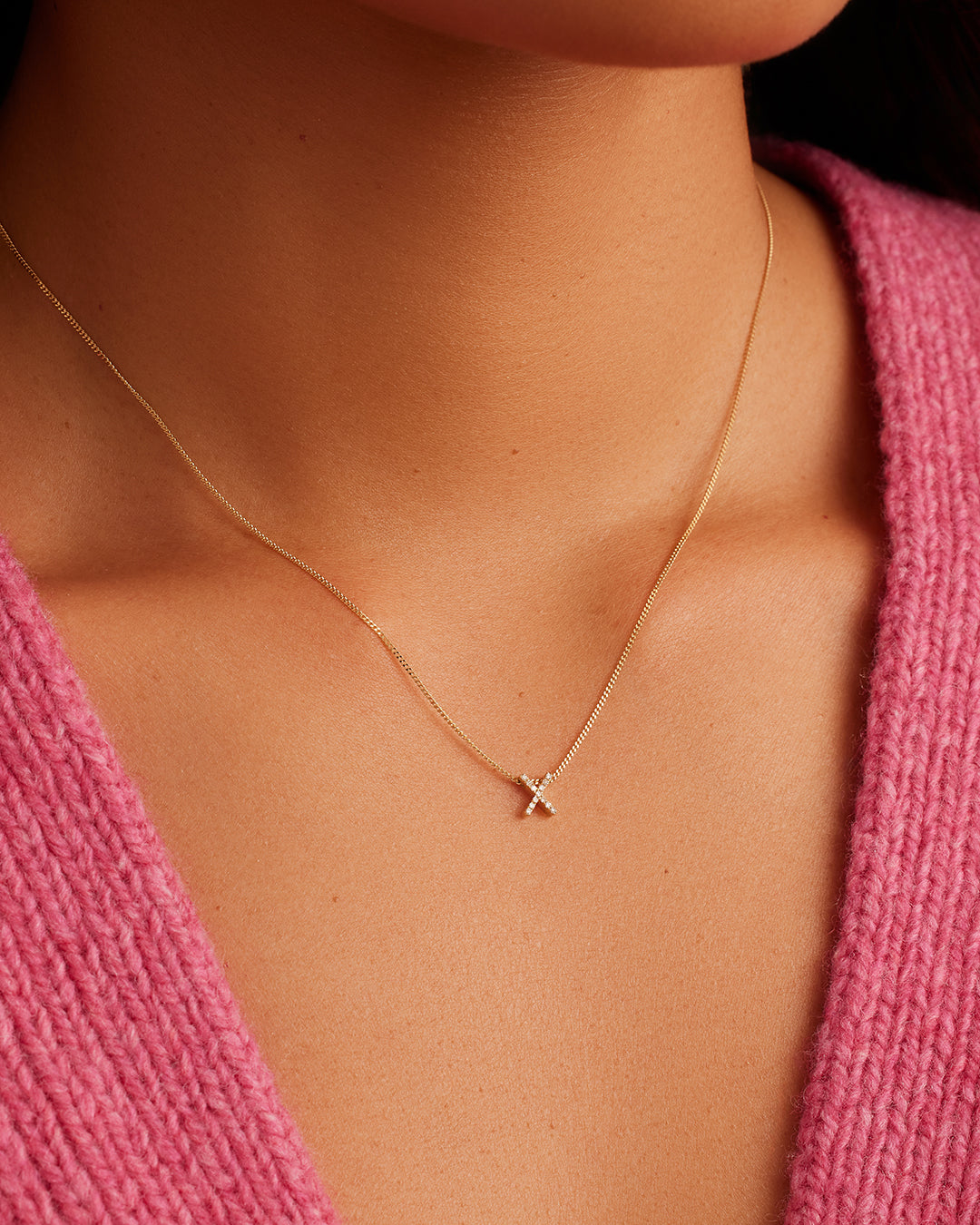 Diamond Alphabet Necklace || option::14K Solid Gold, X