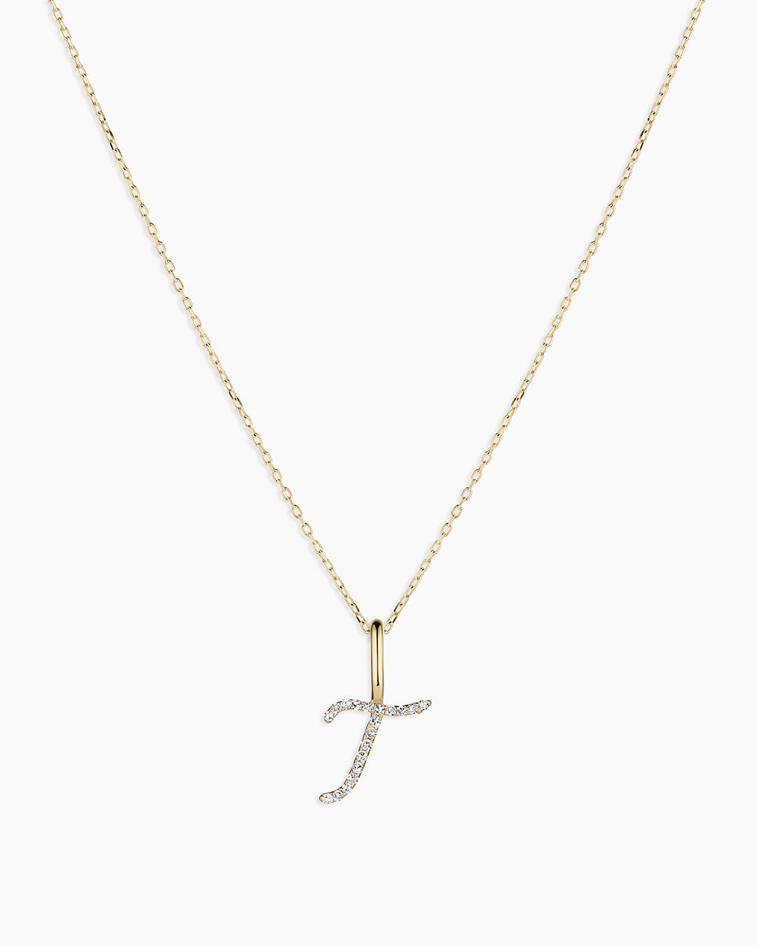 Diamond Script Alphabet Charm Necklace || option::14K Solid Gold, T