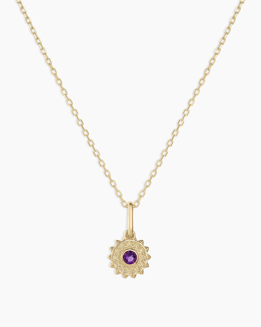 Sun Birthstone Charm Necklace || option::14K Solid Gold, Amethyst - February