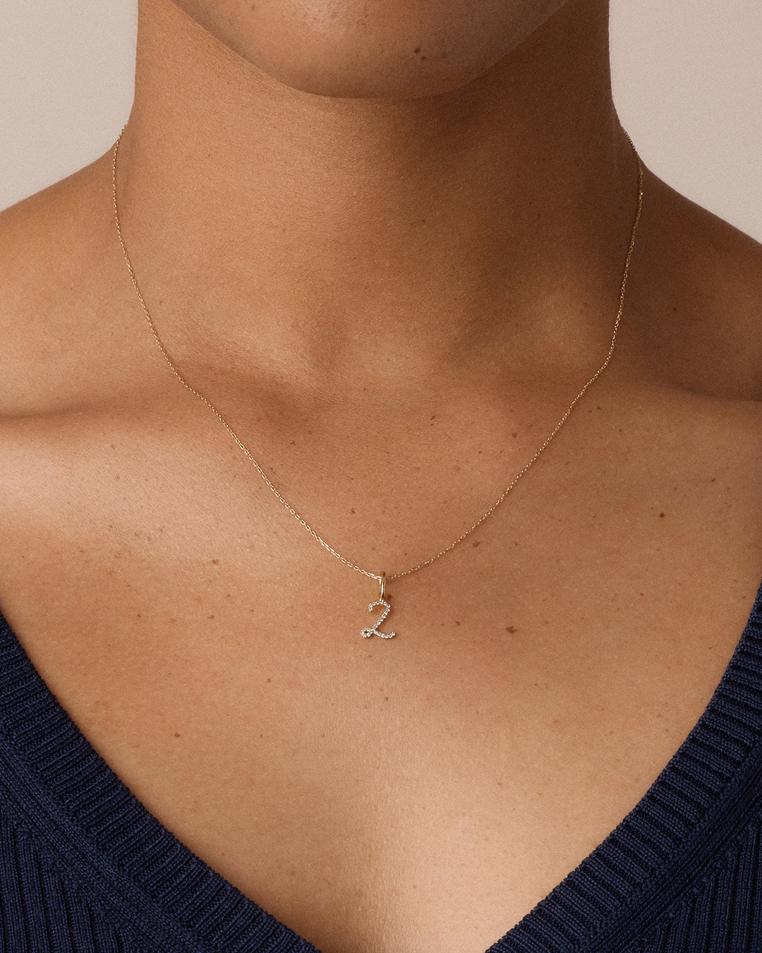 Diamond Script Alphabet Charm Necklace || option::14K Solid Gold, Z