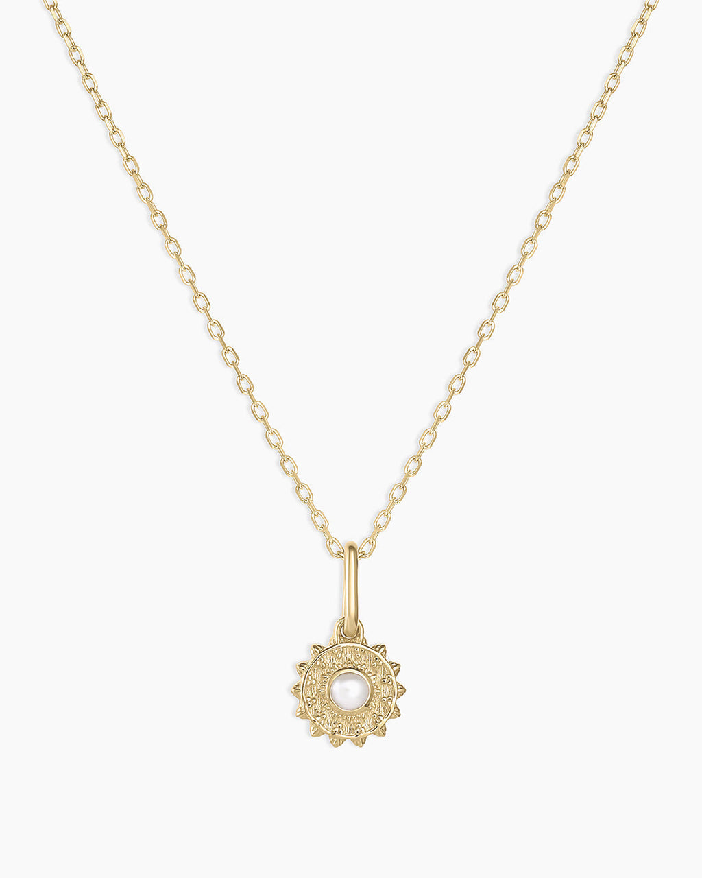 Sun Birthstone Charm Necklace || option::14K Solid Gold, Pearl - June