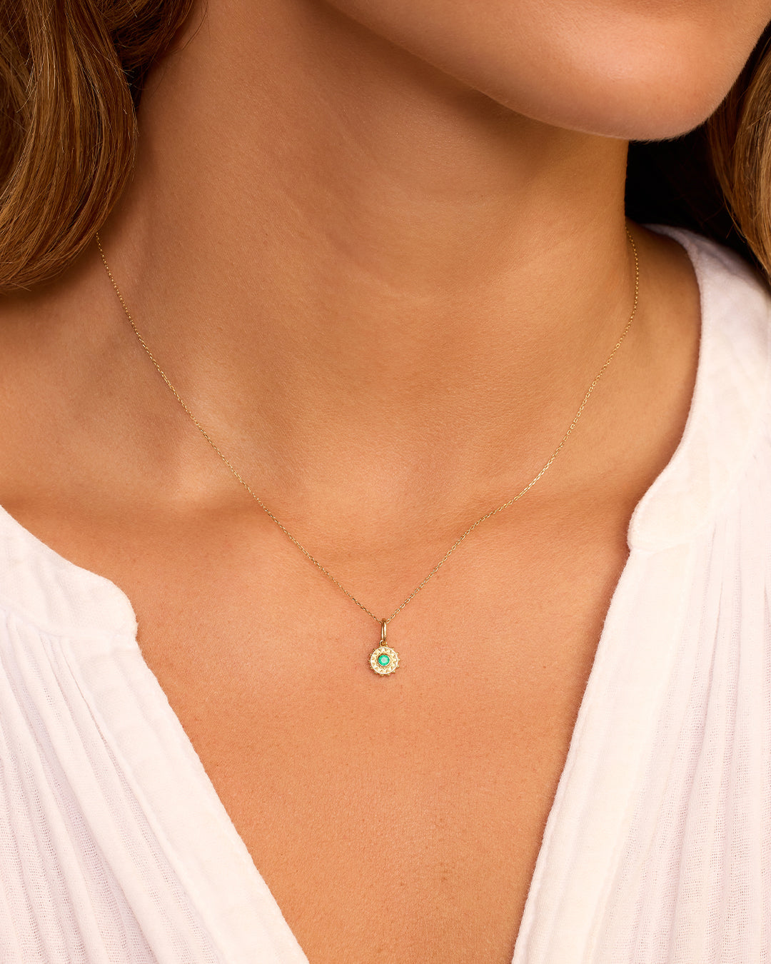 Sun Birthstone Charm Necklace || option::14K Solid Gold, Green Agate - May