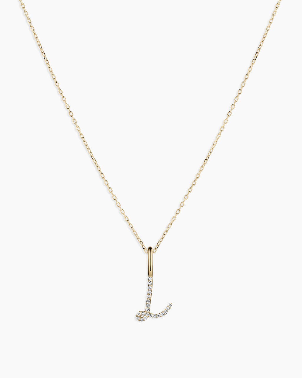Diamond Script Alphabet Charm Necklace || option::14K Solid Gold, L