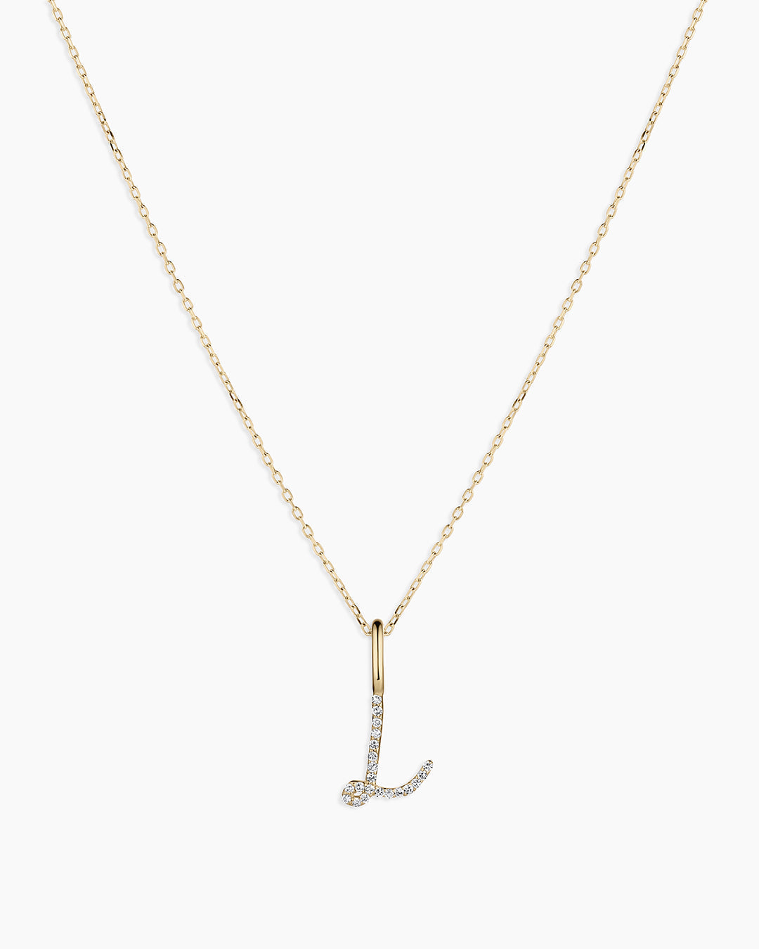 Diamond Script Alphabet Charm Necklace || option::14K Solid Gold, L