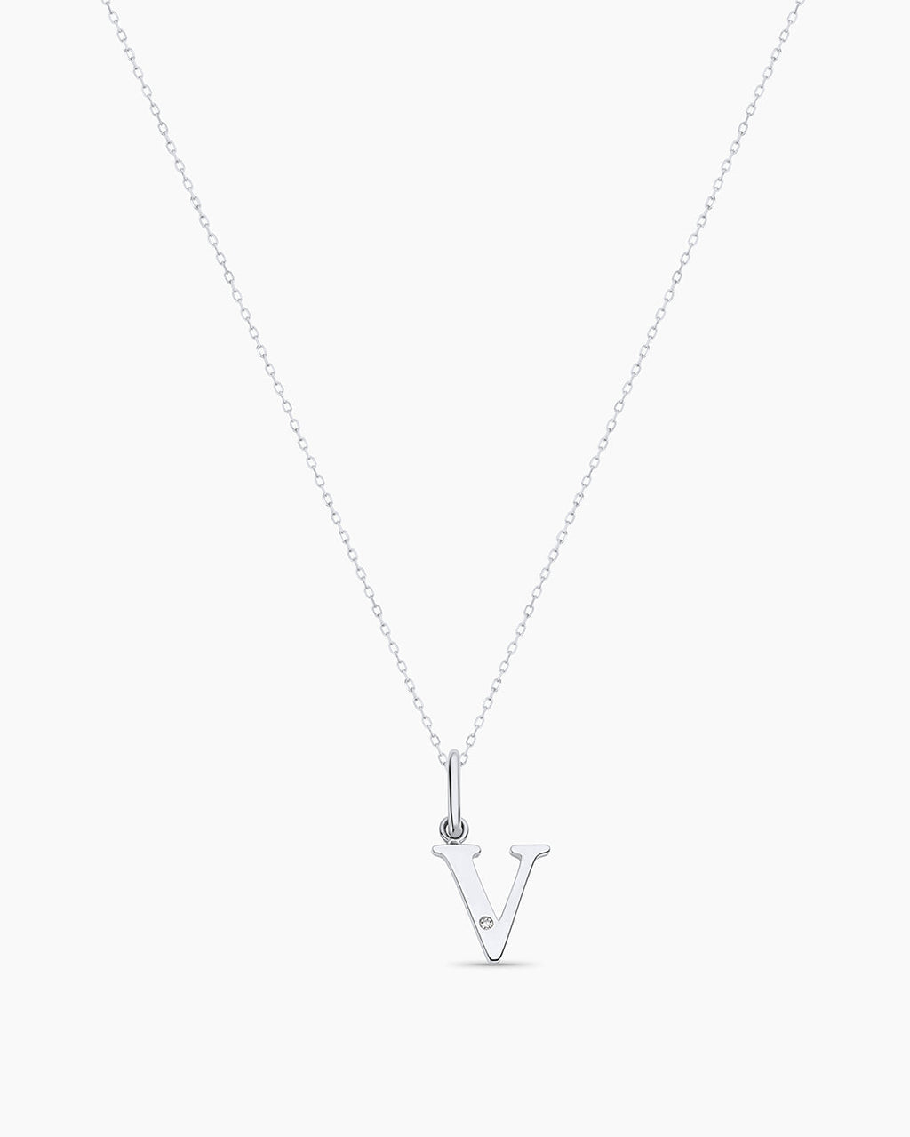Diamond Vintage Alphabet Charm Necklace || option::14K Solid White Gold, V