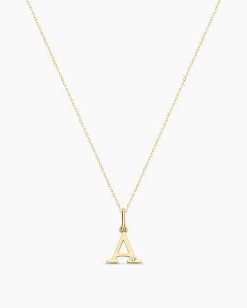 Diamond Vintage Alphabet Necklace || option::14K Solid Gold, A