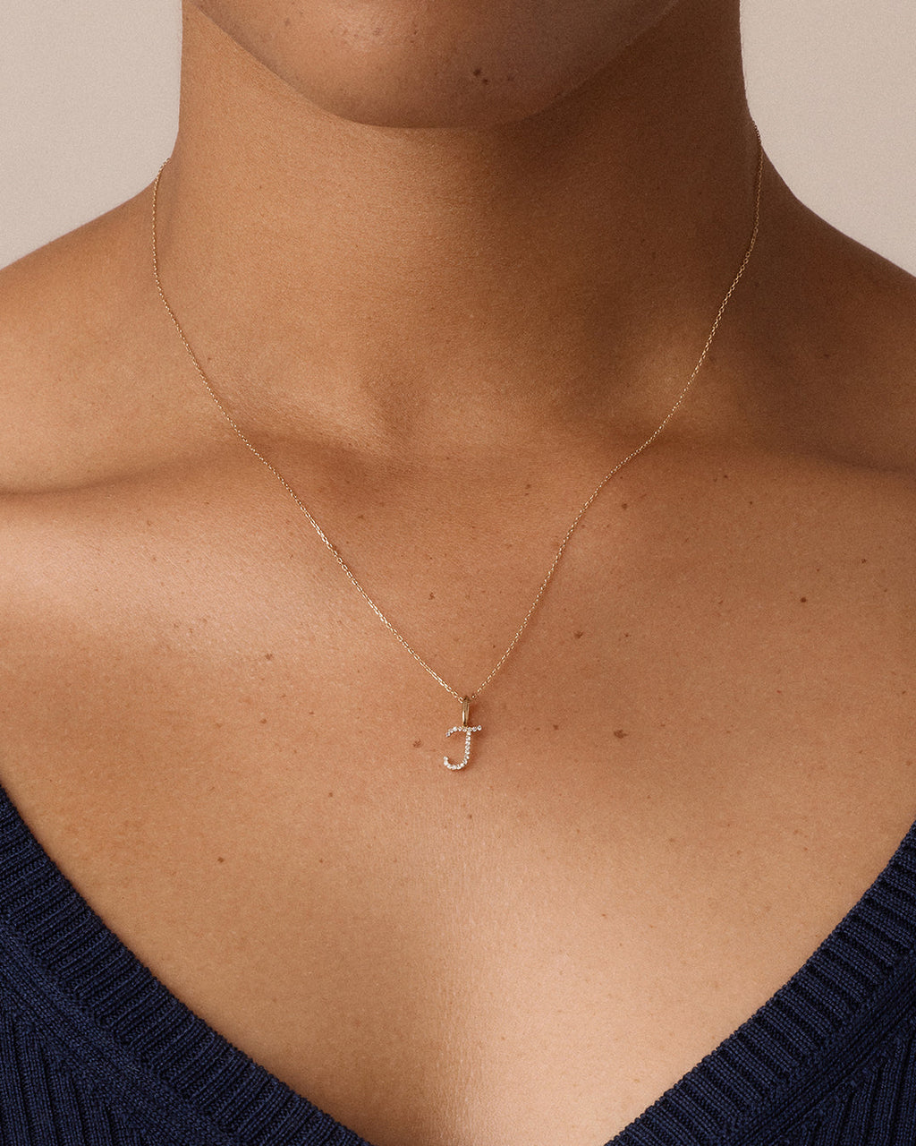 Diamond Script Alphabet Charm Necklace || option::14K Solid Gold, J