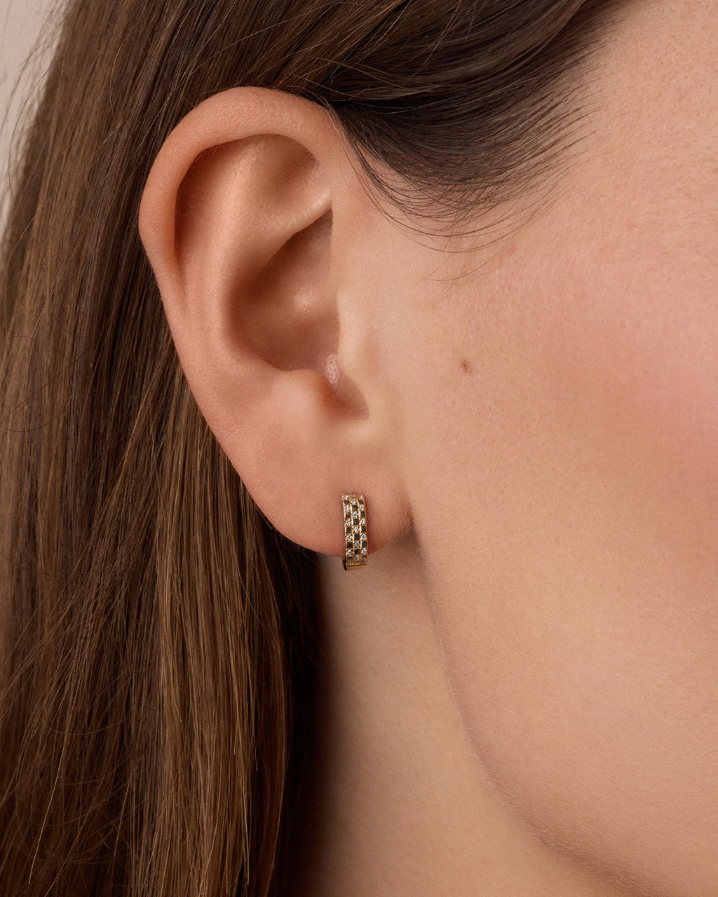 Diamond Checkered Mini Single Huggie || option::14K Solid Gold