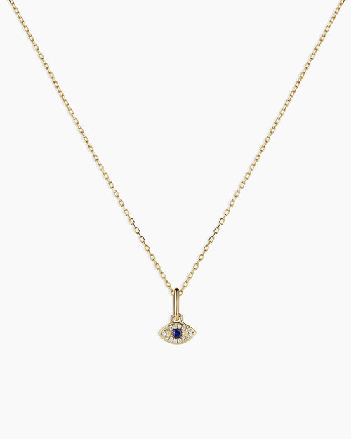 Diamond and Blue Sapphire Evil Eye Charm Necklace || option::14K Solid Gold