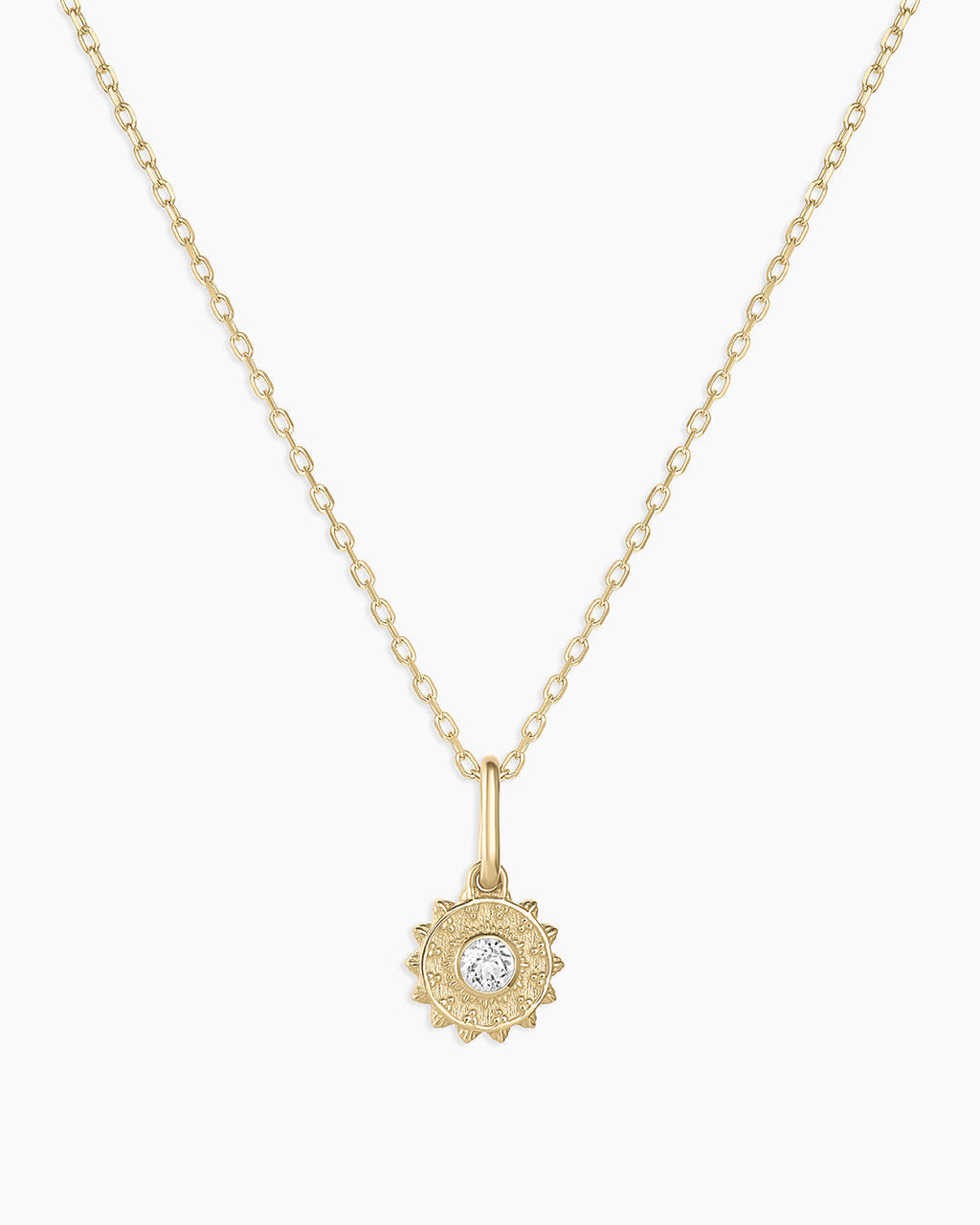 Sun Birthstone Charm Necklace || option::14K Solid Gold, White Topaz - April