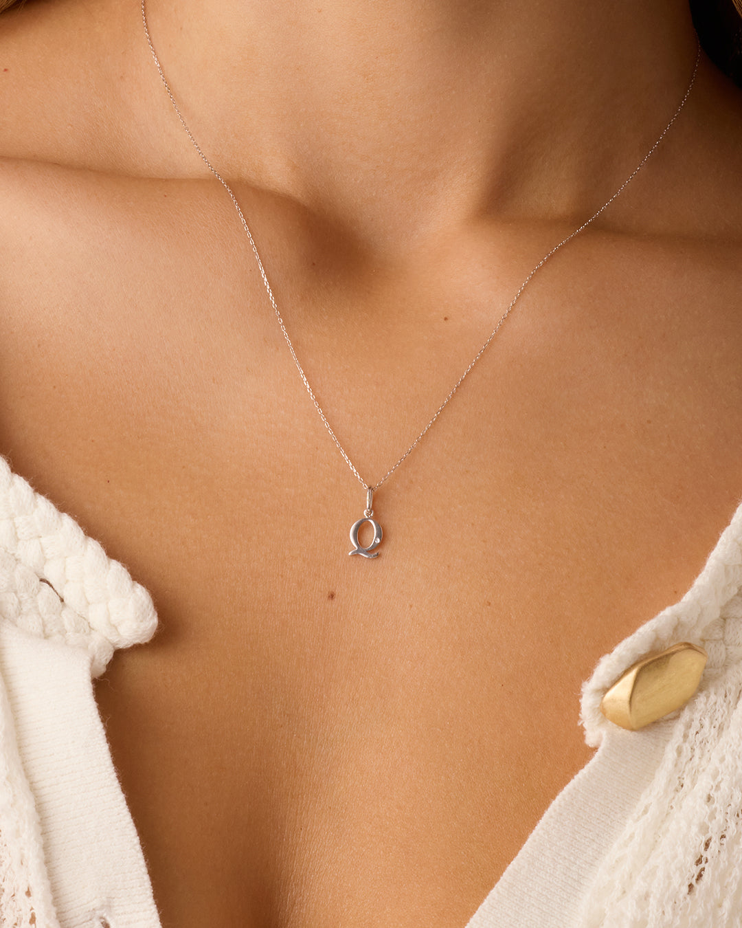 Diamond Vintage Alphabet Charm || option::14K Solid White Gold, Q
