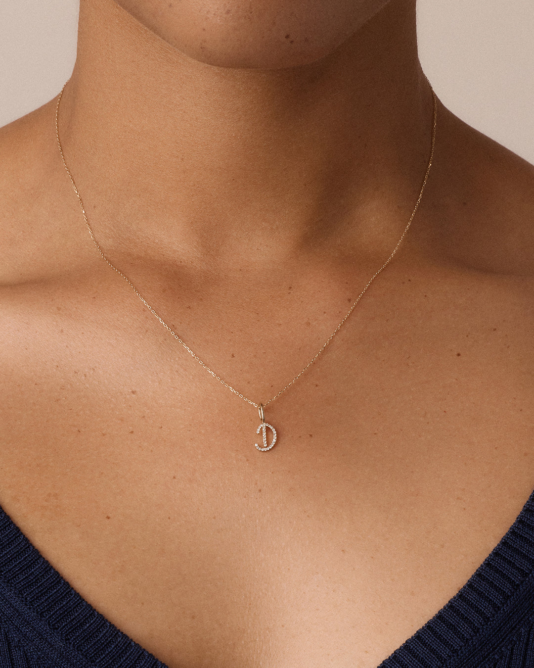 Diamond Script Alphabet Charm Necklace || option::14K Solid Gold, D
