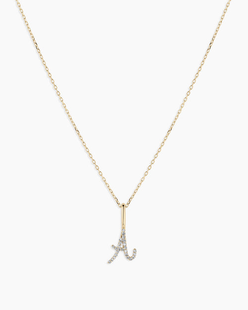 Diamond Script Alphabet Charm Necklace || option::14K Solid Gold, A