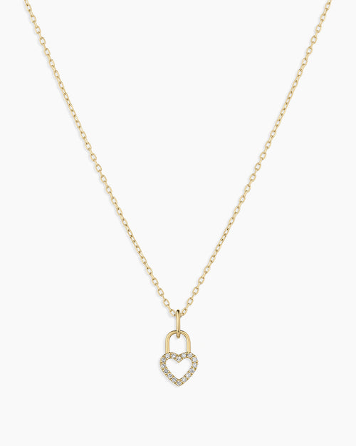 Diamond Heart Padlock Charm Necklace || option::14K Solid Gold