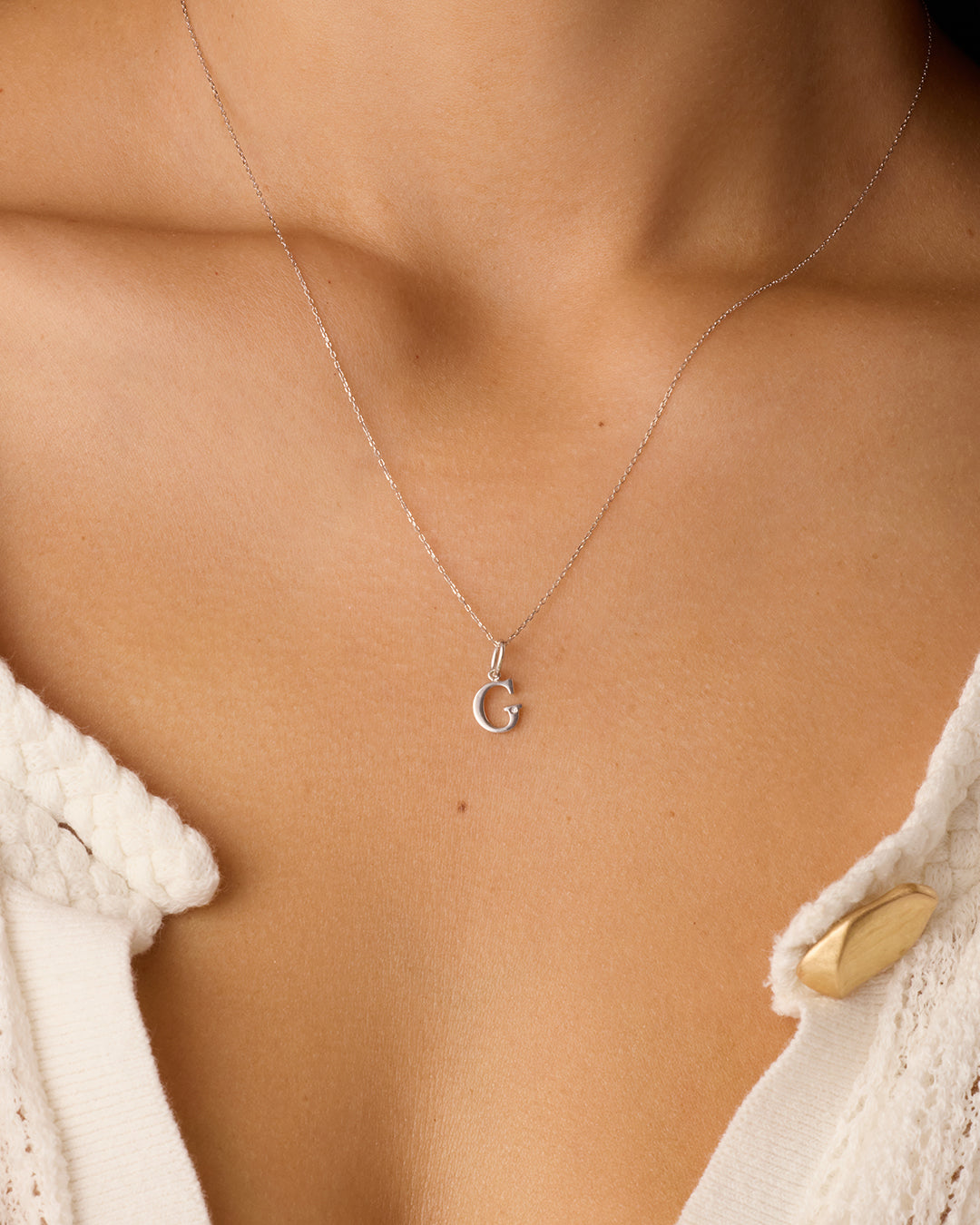 Diamond Vintage Alphabet Charm Necklace || option::14K Solid White Gold, G