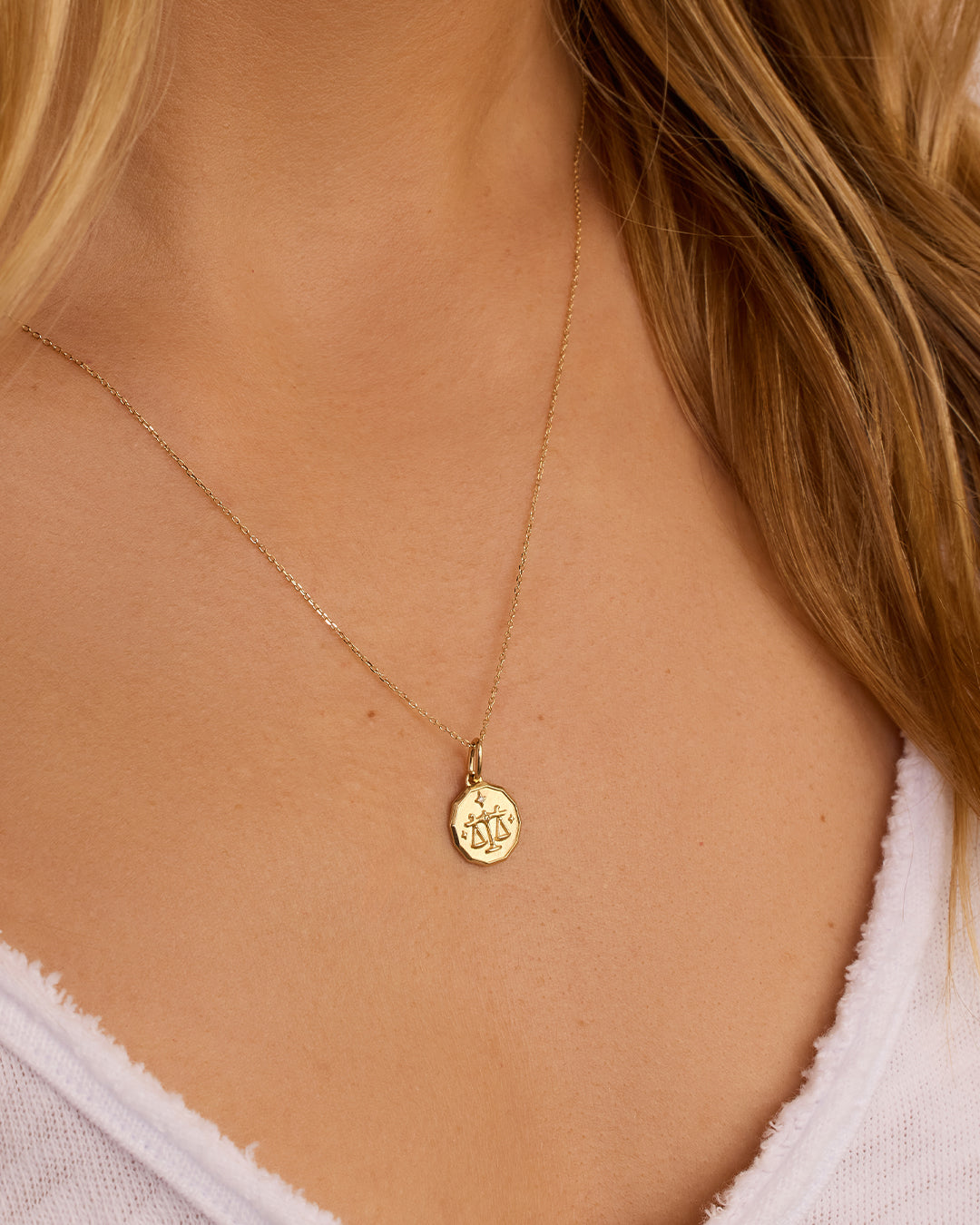 Diamond Zodiac Coin Charm Necklace || option::14K Solid Gold, Libra