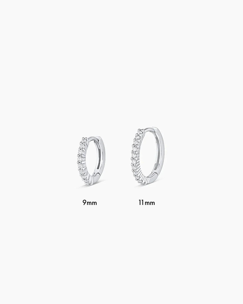 All sizes of white gold diamond pave huggies