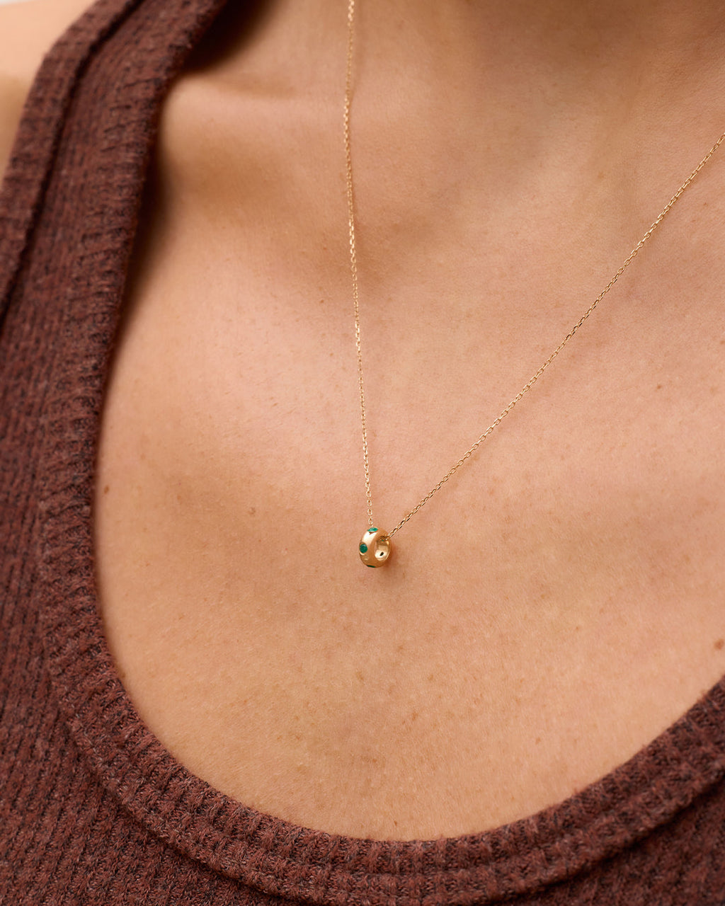 14K Gold Birthstone Halo Charm Necklace || option::14K Solid Gold, Green Agate - May