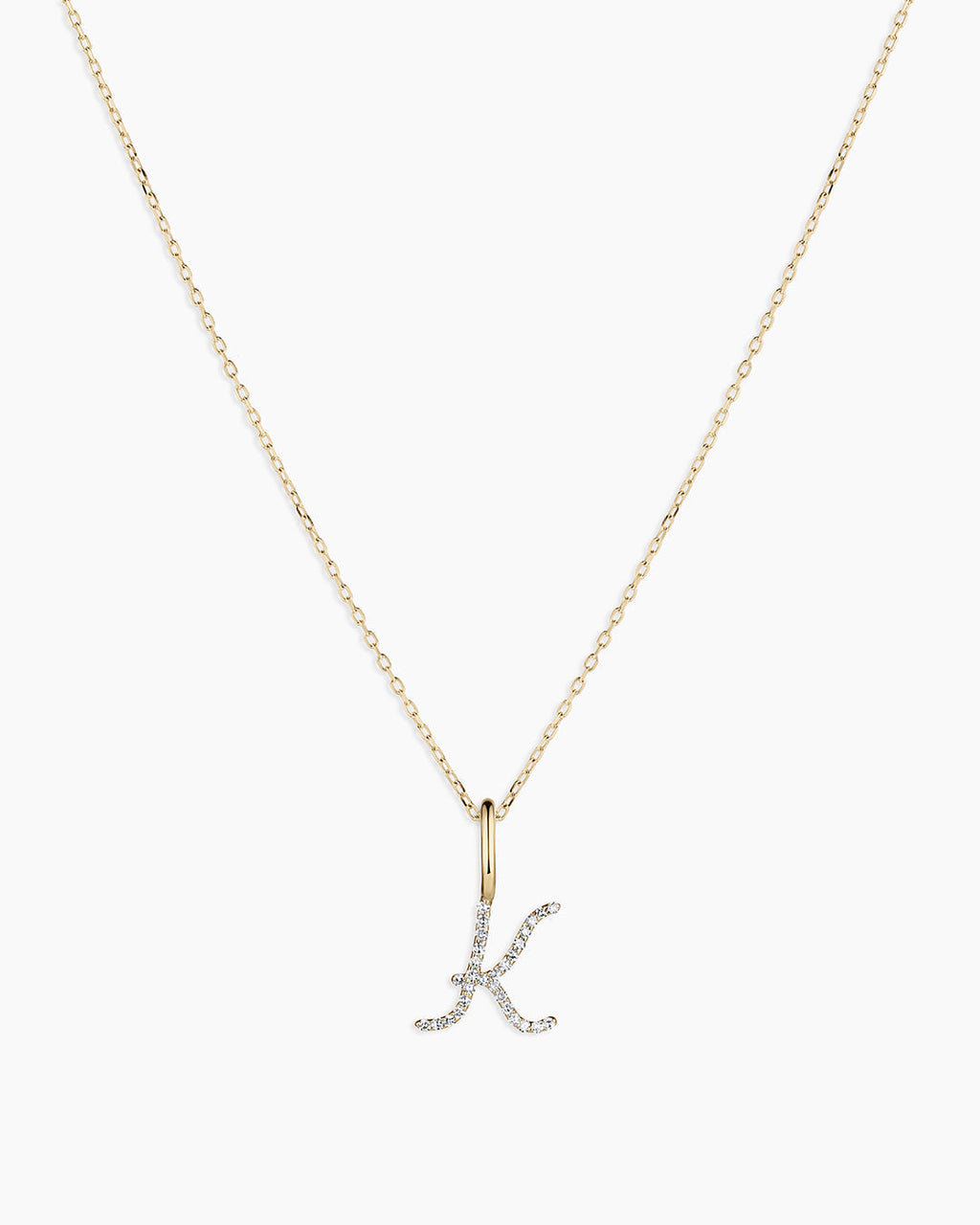 Diamond Script Alphabet Charm Necklace || option::14K Solid Gold, K